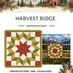 Promotional graphic for the 'Harvest Ridge' painted barn quilt pattern, featuring a mountain landscape illustration at the top, a large quilt design preview, a smaller finished quilt photo, and a dark green footer with branding.