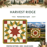 Promotional graphic for the 'Harvest Ridge' painted barn quilt pattern, featuring a mountain landscape illustration at the top, a large quilt design preview, a smaller finished quilt photo, and a dark green footer with branding.