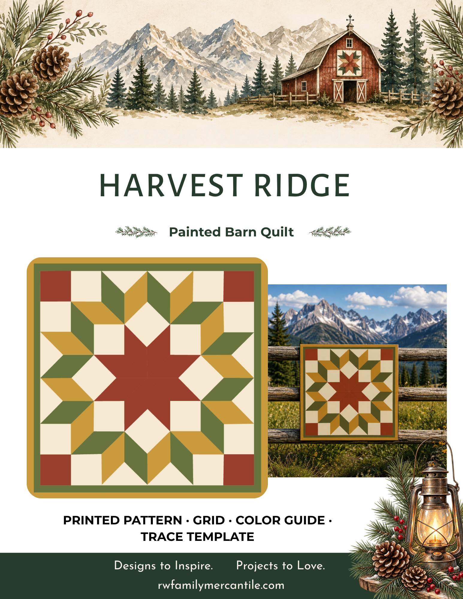 Promotional graphic for the 'Harvest Ridge' painted barn quilt pattern, featuring a mountain landscape illustration at the top, a large quilt design preview, a smaller finished quilt photo, and a dark green footer with branding.