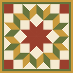 A square geometric quilt block design featuring a central red star surrounded by alternating olive green, mustard yellow, and cream diamond and triangle shapes, bordered by a wide olive green ring and a thin red inner border.
