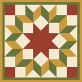 A square geometric quilt block design featuring a central red star surrounded by alternating olive green, mustard yellow, and cream diamond and triangle shapes, bordered by a wide olive green ring and a thin red inner border.