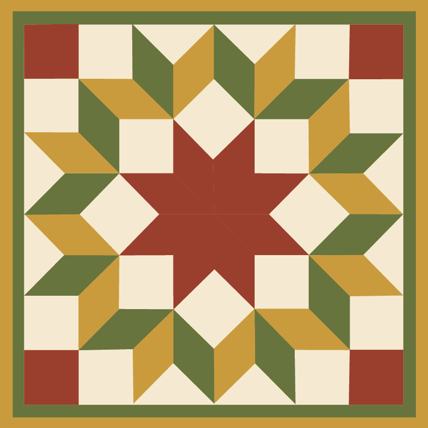 A square geometric quilt block design featuring a central red star surrounded by alternating olive green, mustard yellow, and cream diamond and triangle shapes, bordered by a wide olive green ring and a thin red inner border.