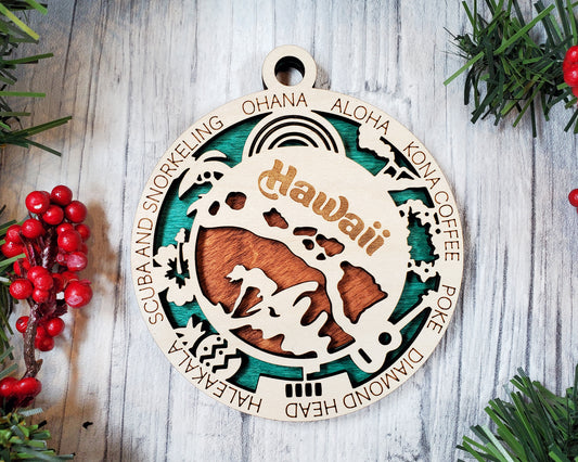 Hawaii State Ornament – 3.25” Round Laser Cut Wood Christmas Ornament | Aloha Gift for Beach Lovers, Travelers & Hawaii Enthusiasts