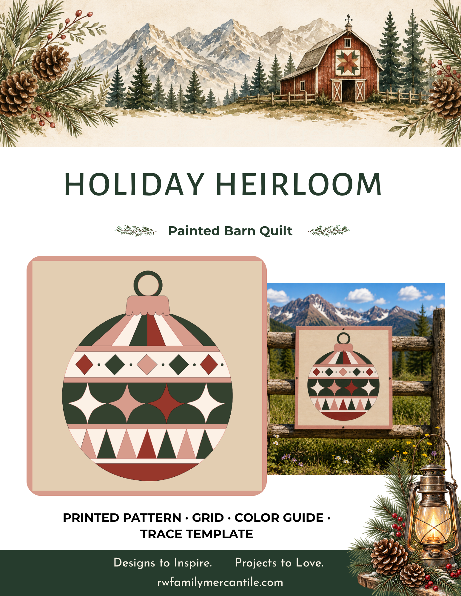 Holiday Heirloom printable barn quilt pattern with trace patterns, grid guide, color reference, and painting instructions.