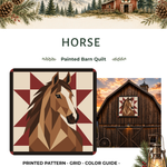 Promotional graphic for a horse-themed painted barn quilt printable pattern, showing a quilt design with a horse head and geometric barn motif, plus a barn scene and mountain landscape at the top. Text reads 'HORSE', 'Painted Barn Quilt', and 'Printed Pattern - Grid - Color Guide - Trace Template'.