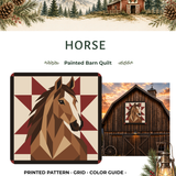 Promotional graphic for a horse-themed painted barn quilt printable pattern, showing a quilt design with a horse head and geometric barn motif, plus a barn scene and mountain landscape at the top. Text reads 'HORSE', 'Painted Barn Quilt', and 'Printed Pattern - Grid - Color Guide - Trace Template'.