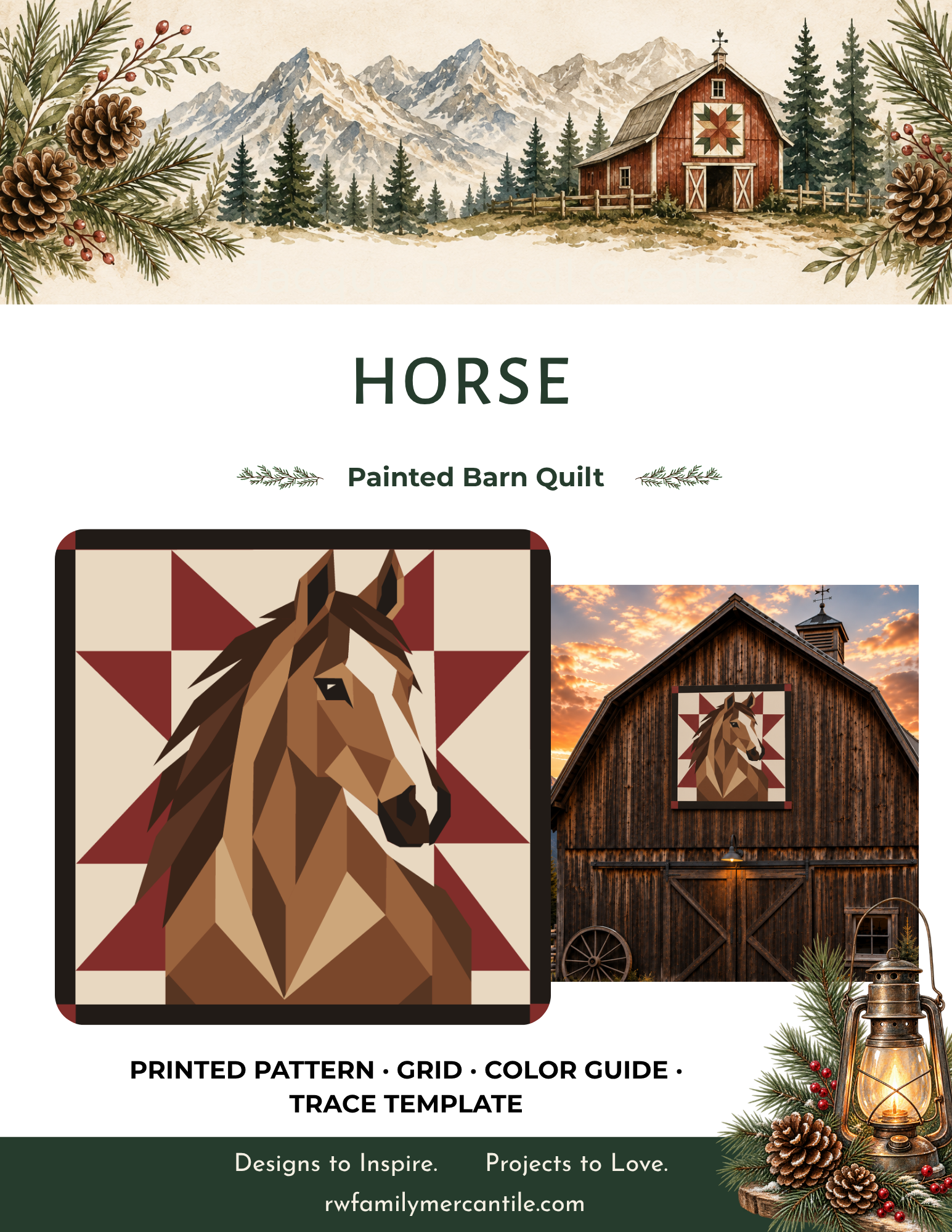 Promotional graphic for a horse-themed painted barn quilt printable pattern, showing a quilt design with a horse head and geometric barn motif, plus a barn scene and mountain landscape at the top. Text reads 'HORSE', 'Painted Barn Quilt', and 'Printed Pattern - Grid - Color Guide - Trace Template'.