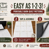 Promotional graphic for printable barn quilt patterns by Jacque Russell Creates, showing three illustrated steps: print, tape & assemble, and trace & create, with a small photo of a hand tracing a quilt design. The design includes a rustic barn illustration, pine trees, and decorative text on a cream and brown background.