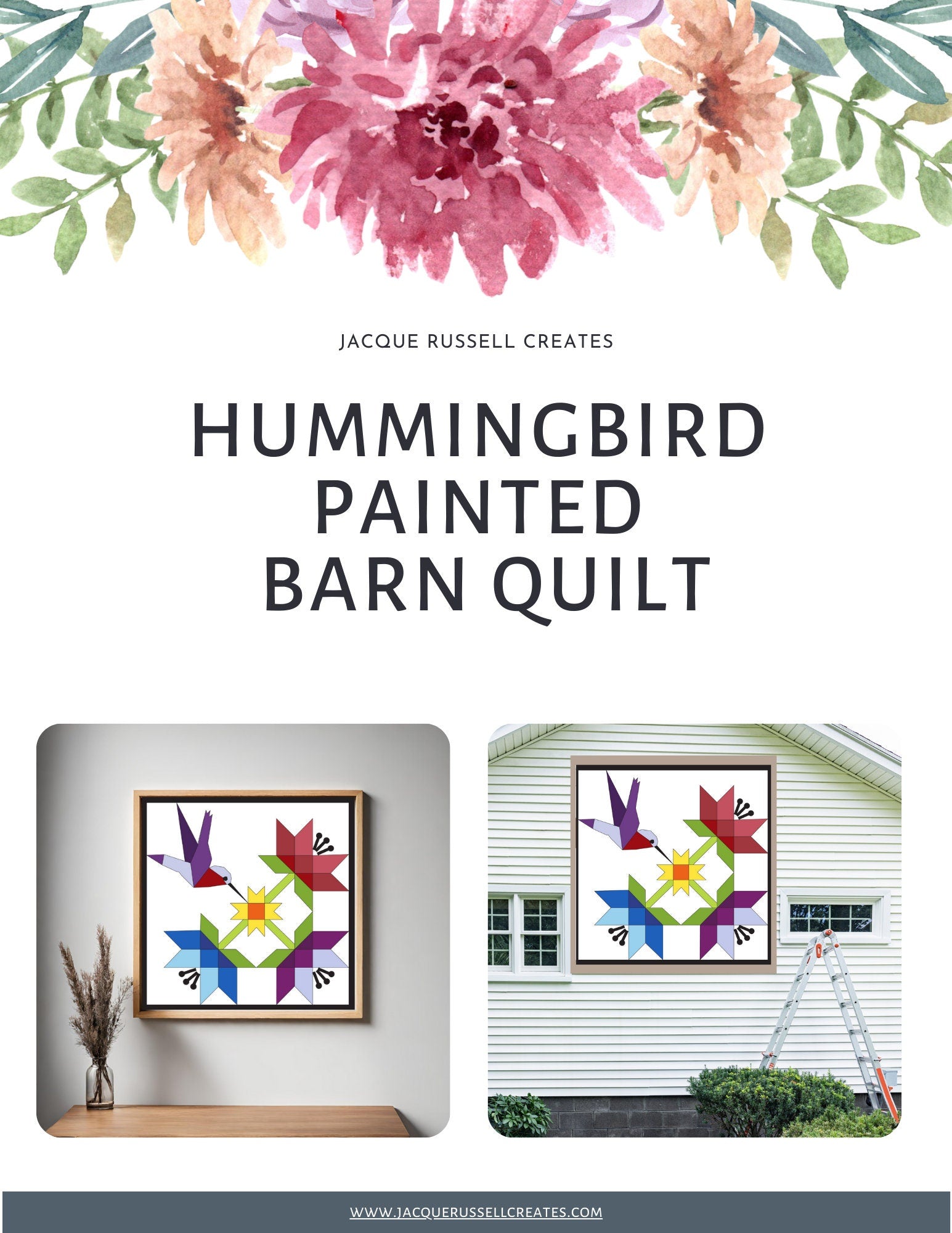 Printed Hummingbird Barn Quilt Pattern featuring a colorful quilt block design for DIY painted barn quilt projects.