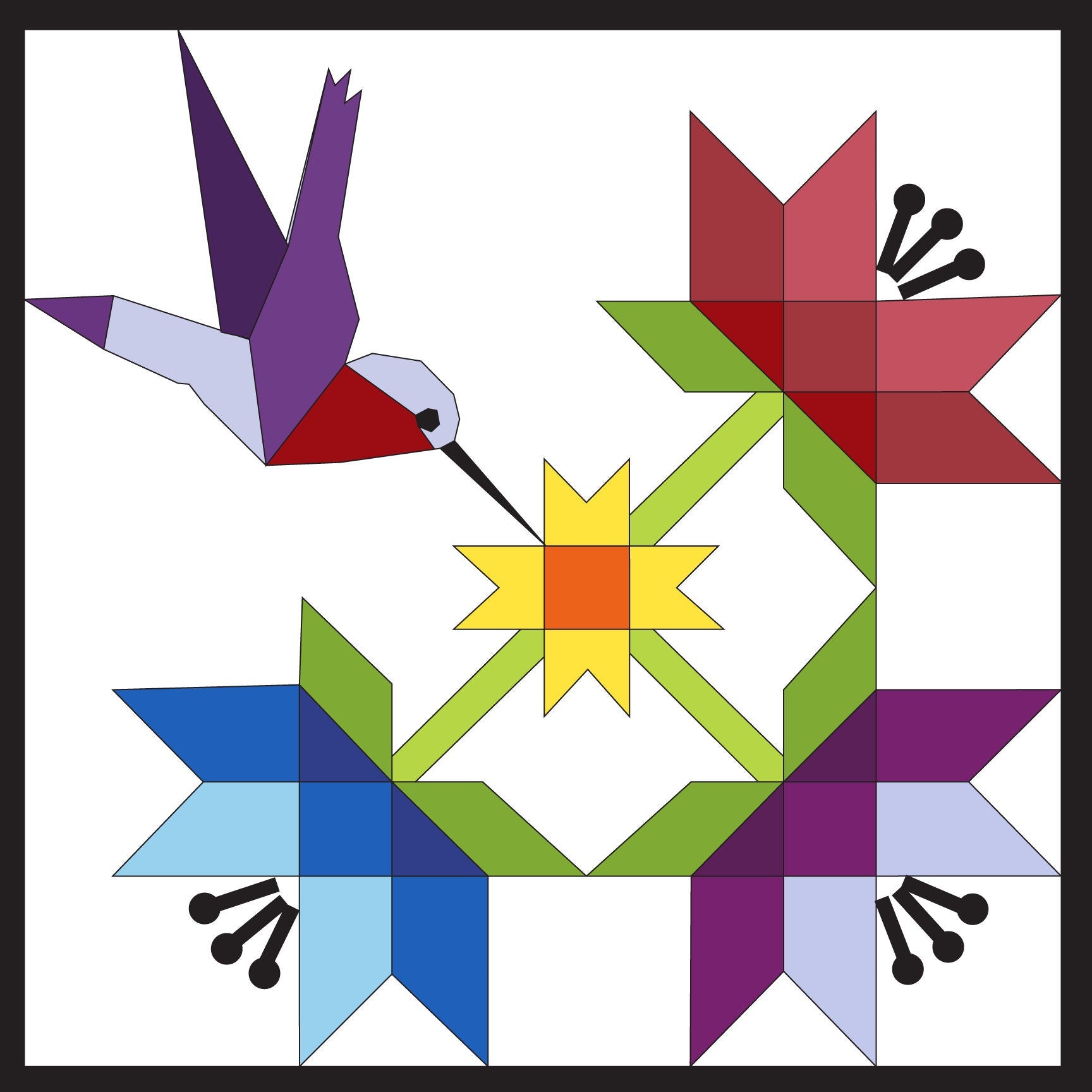 Hummingbird Barn Quilt Pattern digital download including printable PDF patterns in 12-inch, 24-inch, and 48-inch sizes, color chart, grid, and project mockups.
