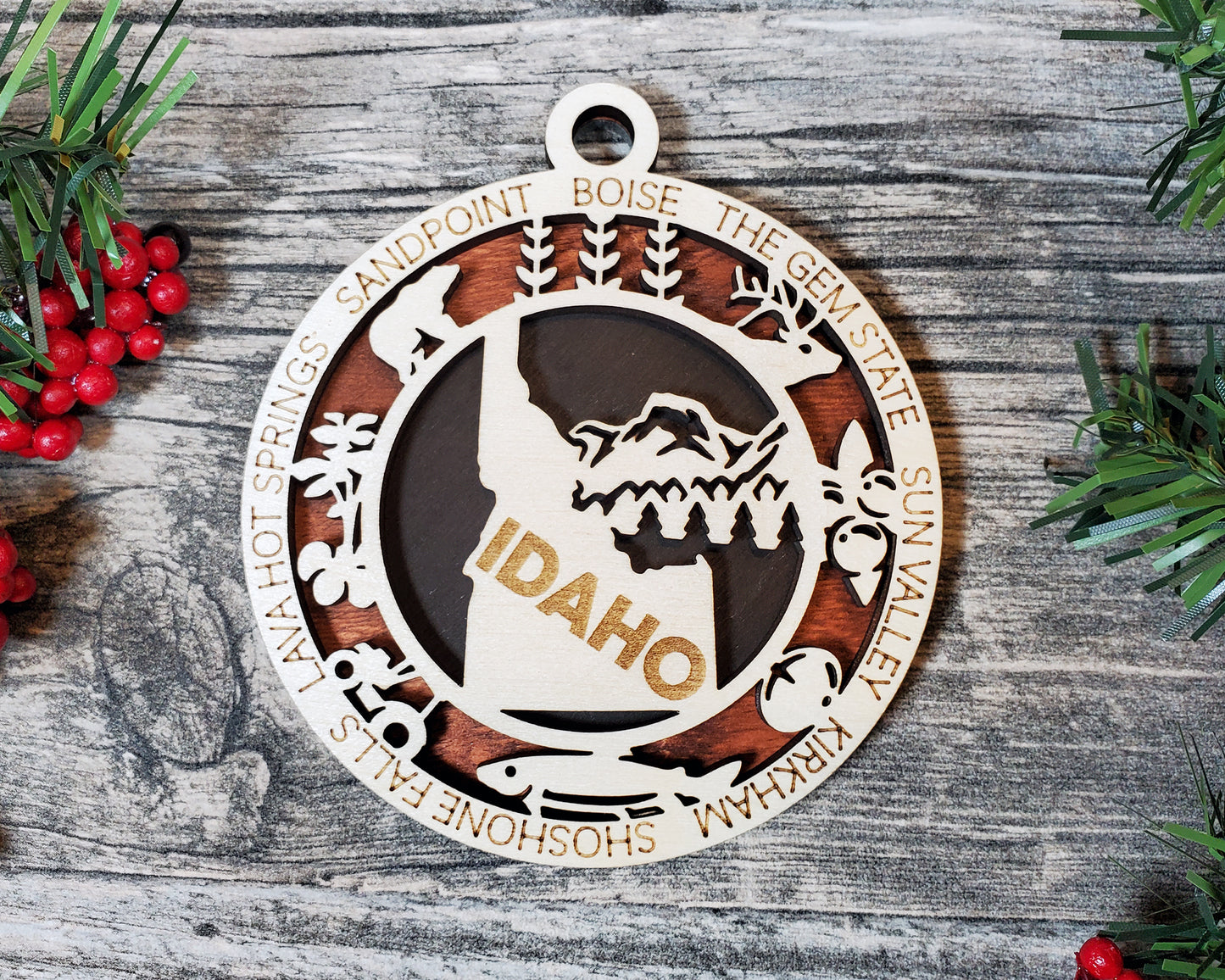 Idaho State Ornament – 3.25” Round Laser Cut Wooden Christmas Ornament | Idaho Gift for Campers, Skiers, Outdoor Adventurers & Gem State Travelers