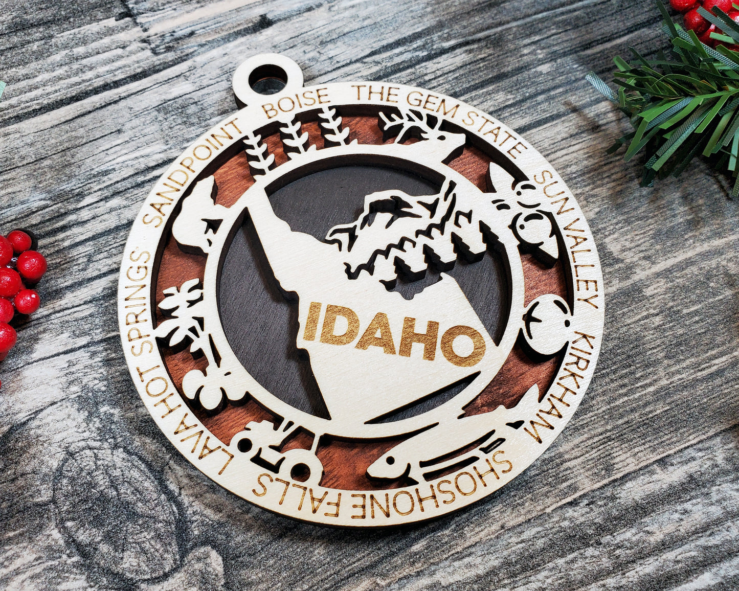 Idaho State Ornament – 3.25” Round Laser Cut Wooden Christmas Ornament | Idaho Gift for Campers, Skiers, Outdoor Adventurers & Gem State Travelers