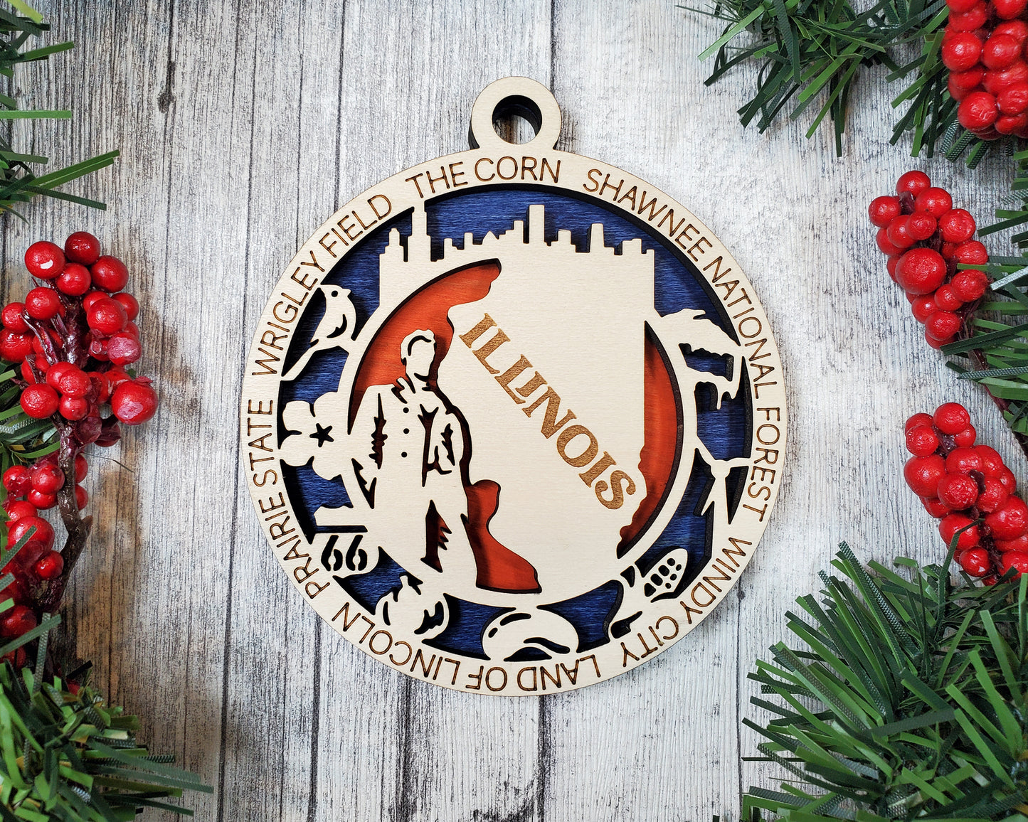 Illinois State Ornament – 3.25” Round Wooden Christmas Ornament | Abraham Lincoln, Chicago Skyline, Route 66 Keepsake Gift | Prairie State Holiday Decor