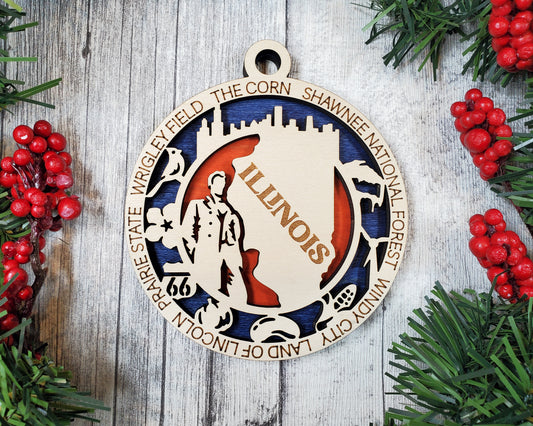 Illinois State Ornament – 3.25” Round Wooden Christmas Ornament | Abraham Lincoln, Chicago Skyline, Route 66 Keepsake Gift | Prairie State Holiday Decor