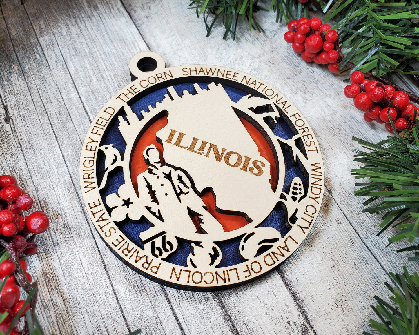 Illinois State Ornament – 3.25” Round Wooden Christmas Ornament | Abraham Lincoln, Chicago Skyline, Route 66 Keepsake Gift | Prairie State Holiday Decor