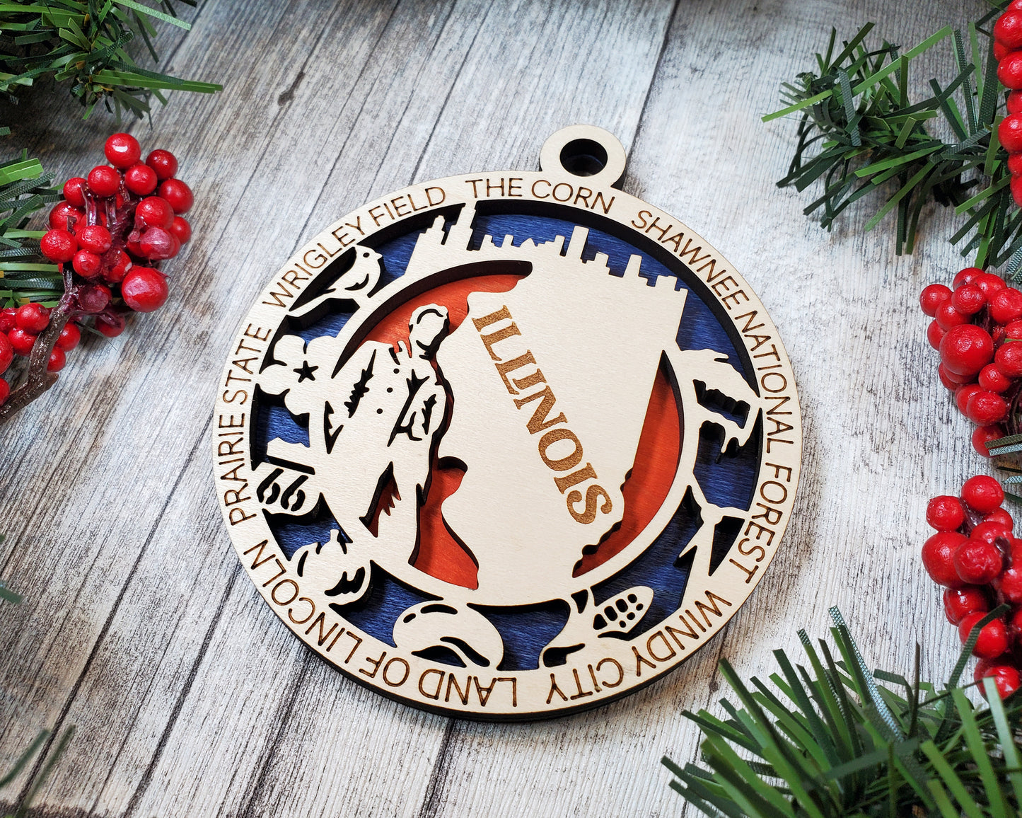 Illinois State Ornament – 3.25” Round Wooden Christmas Ornament | Abraham Lincoln, Chicago Skyline, Route 66 Keepsake Gift | Prairie State Holiday Decor