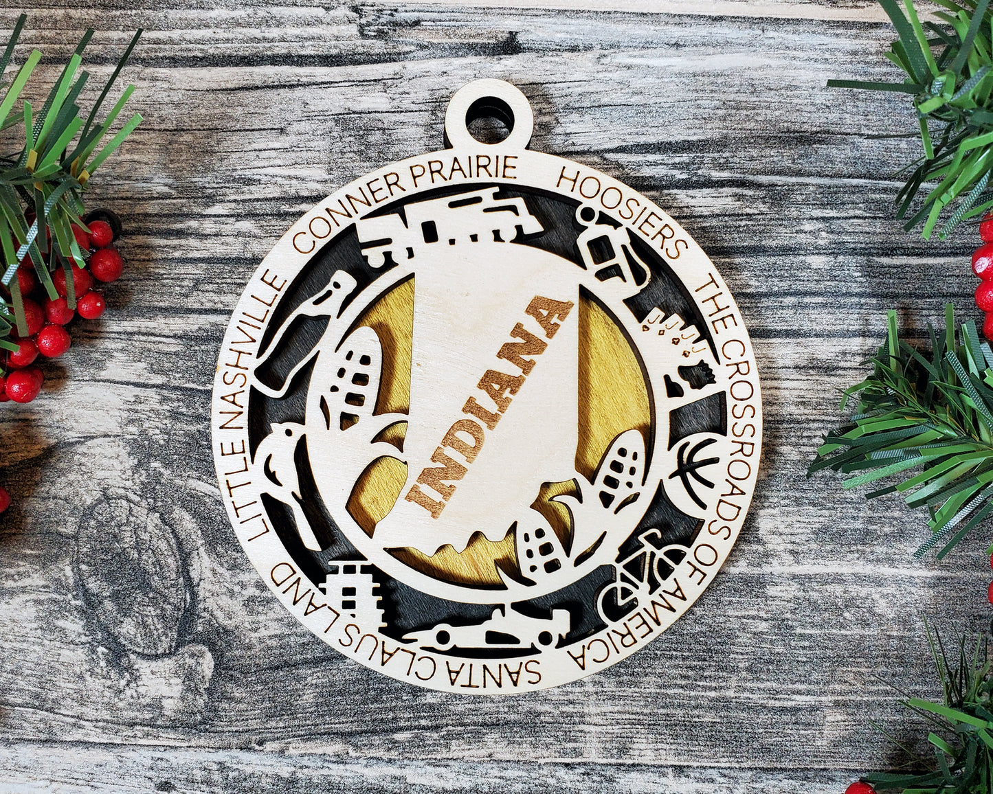 Indiana State Ornament – 3.25” Wooden Christmas Ornament | Crossroads of America Holiday Gift | Hoosier Pride Home Decor Keepsake