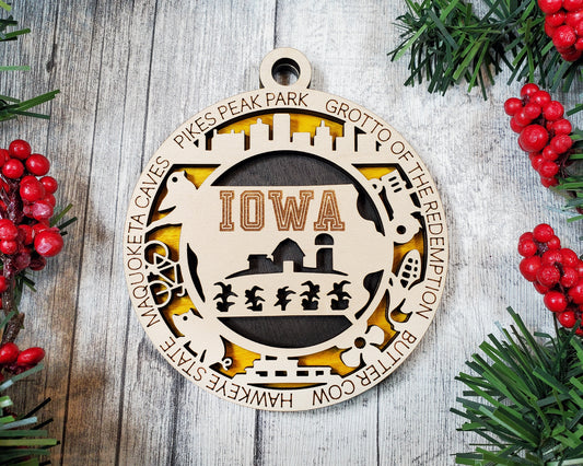Iowa State Christmas Ornament – 3.25” Farm-Themed Wood Ornament | Handmade Midwest Holiday Decor | Rustic Iowa Gift | Hawkeye State Souvenir