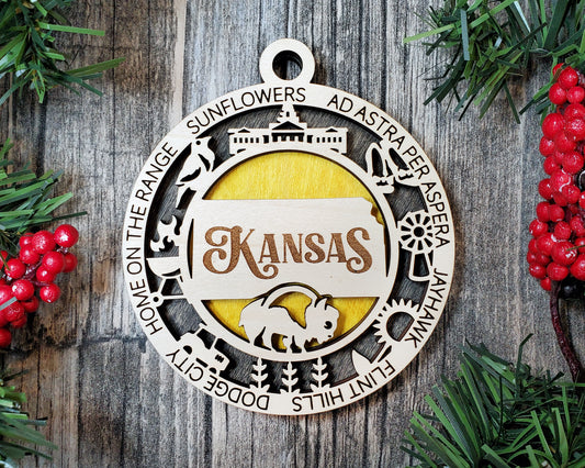 Kansas State Wooden Ornament – Laser Cut Holiday Decor Gift