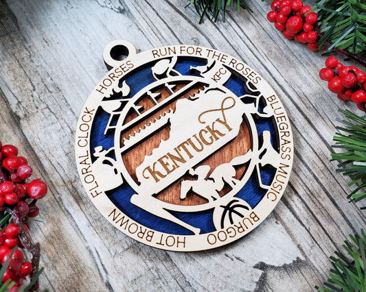 Kentucky Wooden Ornament – Laser Cut State Decor with Horses & Icons