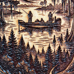 Wooden carving of a scene with people in a boat on water surrounded by trees