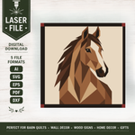Digital download preview for a geometric horse head art design, shown on a light wood background with a dark green 'LASER FILE' banner and text listing AI, SVG, EPS, PDF, and DXF formats.