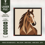 Digital download preview for a geometric horse head art design, shown on a light wood background with a dark green 'LASER FILE' banner and text listing AI, SVG, EPS, PDF, and DXF formats.