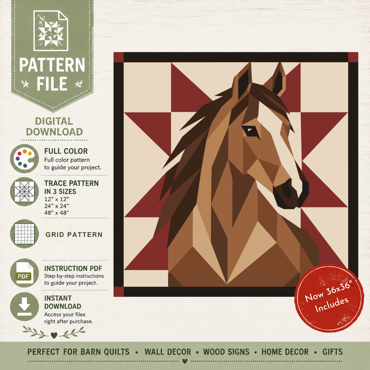 Digital quilt pattern file preview featuring a geometric horse design on a barn quilt background, with text listing features like full color, three sizes, grid pattern, and instruction PDF on a light wood-style background.