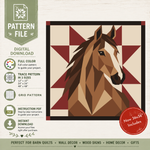Digital quilt pattern file preview featuring a geometric horse design on a barn quilt background, with text listing features like full color, three sizes, grid pattern, and instruction PDF on a light wood-style background.