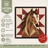 Digital quilt pattern file preview featuring a geometric horse design on a barn quilt background, with text listing features like full color, three sizes, grid pattern, and instruction PDF on a light wood-style background.