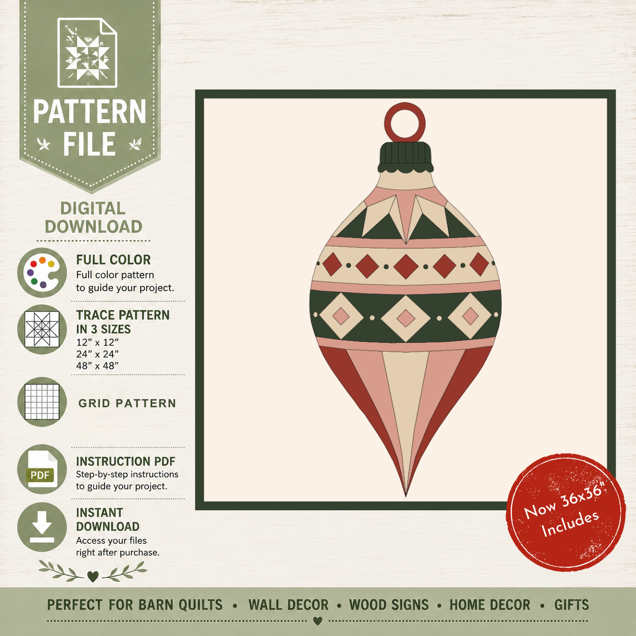 Yuletide Jewel Christmas ornament barn quilt pattern featuring a geometric vintage holiday ornament in evergreen, cream, dusty blush and rich red. Printable DIY barn quilt design for painted wood signs, farmhouse Christmas decor, holiday wall art, porch decorations and handmade Christmas projects.
