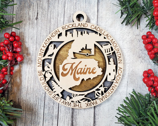 Maine Wooden Ornament – Acadia, Katahdin & Coastal State Decor Gift