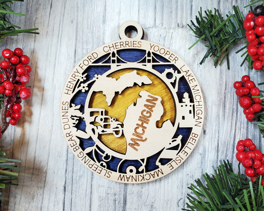 Michigan Wooden Ornament – Great Lakes State Decor with Mackinac & More