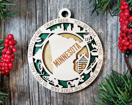 Minnesota Wooden Ornament – 10,000 Lakes, Loons & Paul Bunyan Gift