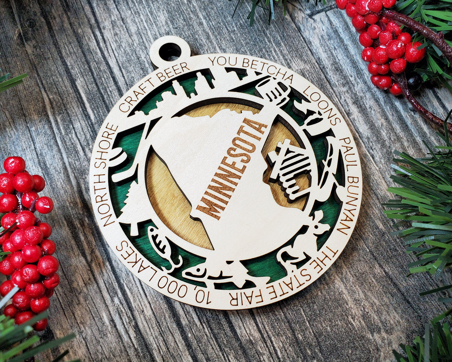 Minnesota Wooden Ornament – 10,000 Lakes, Loons & Paul Bunyan Gift