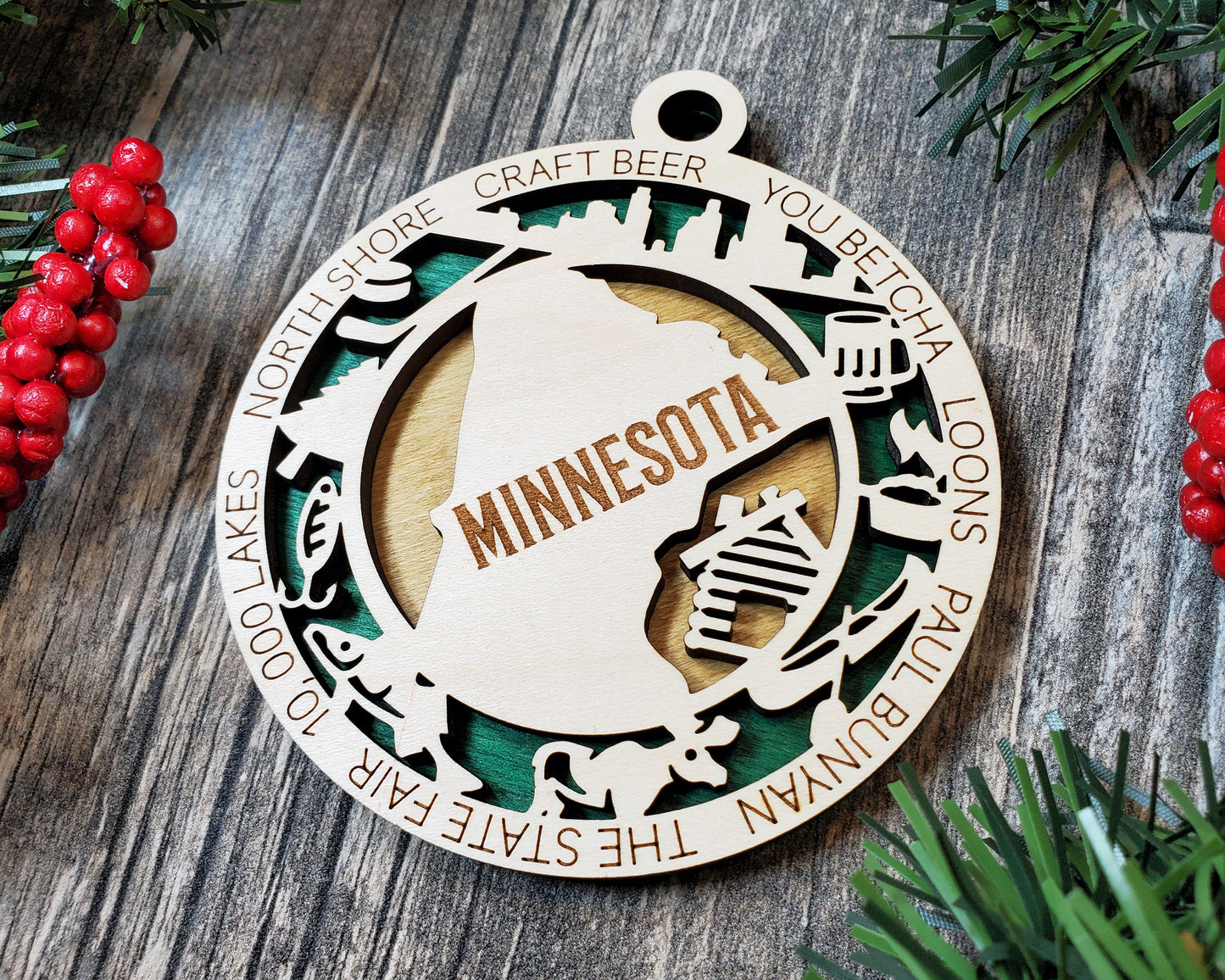 Minnesota Wooden Ornament – 10,000 Lakes, Loons & Paul Bunyan Gift
