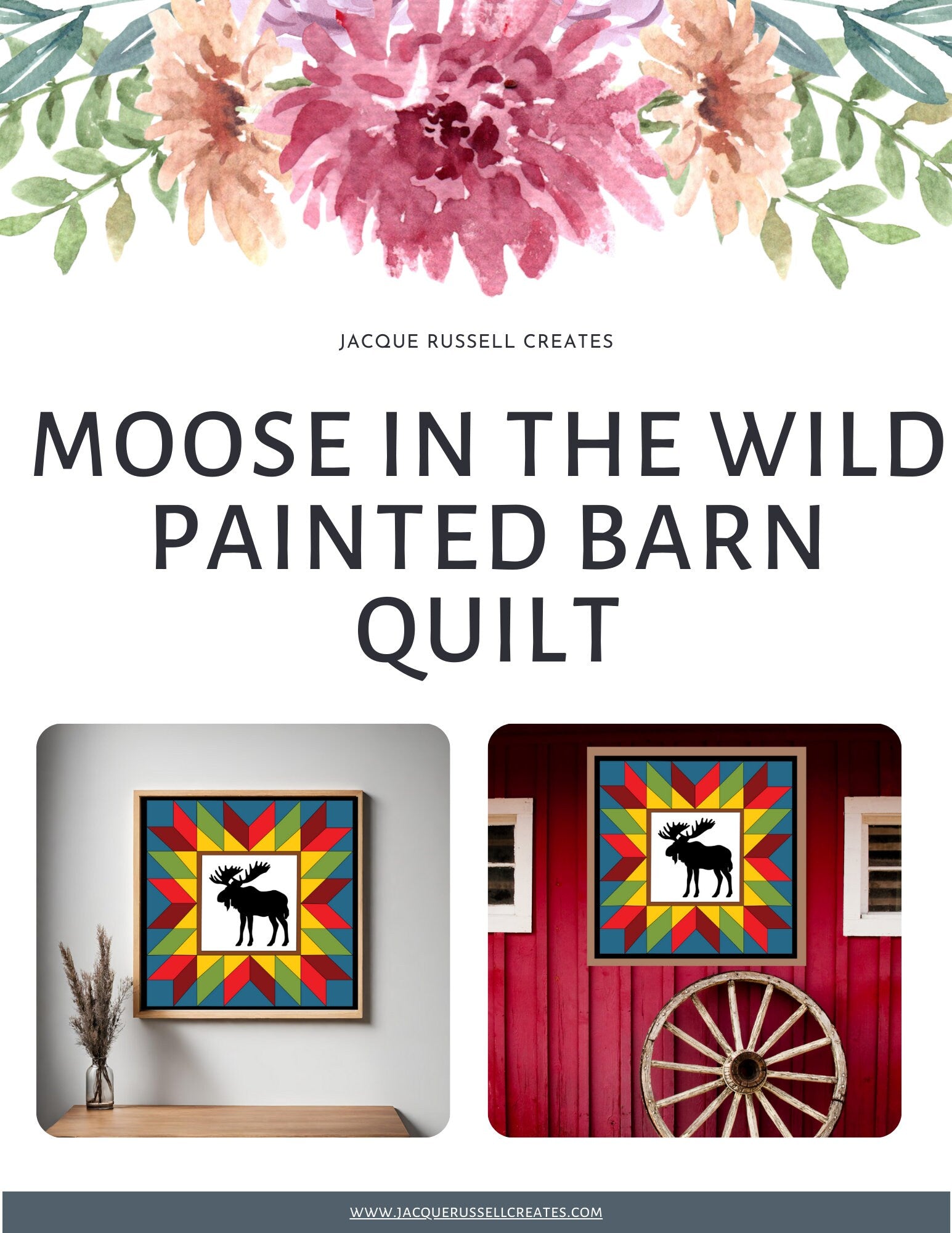 Printed Moose in the Wild Barn Quilt Pattern featuring a colorful quilt block design for DIY painted barn quilt projects.