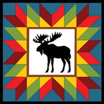 Moose in the Wild Barn Quilt Pattern digital download including printable PDF patterns in 12-inch, 24-inch, and 48-inch sizes, color chart, grid, and project mockups.