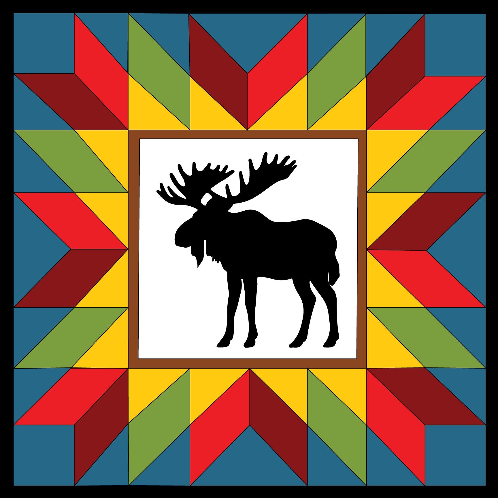 Moose in the Wild Barn Quilt Pattern digital download including printable PDF patterns in 12-inch, 24-inch, and 48-inch sizes, color chart, grid, and project mockups.