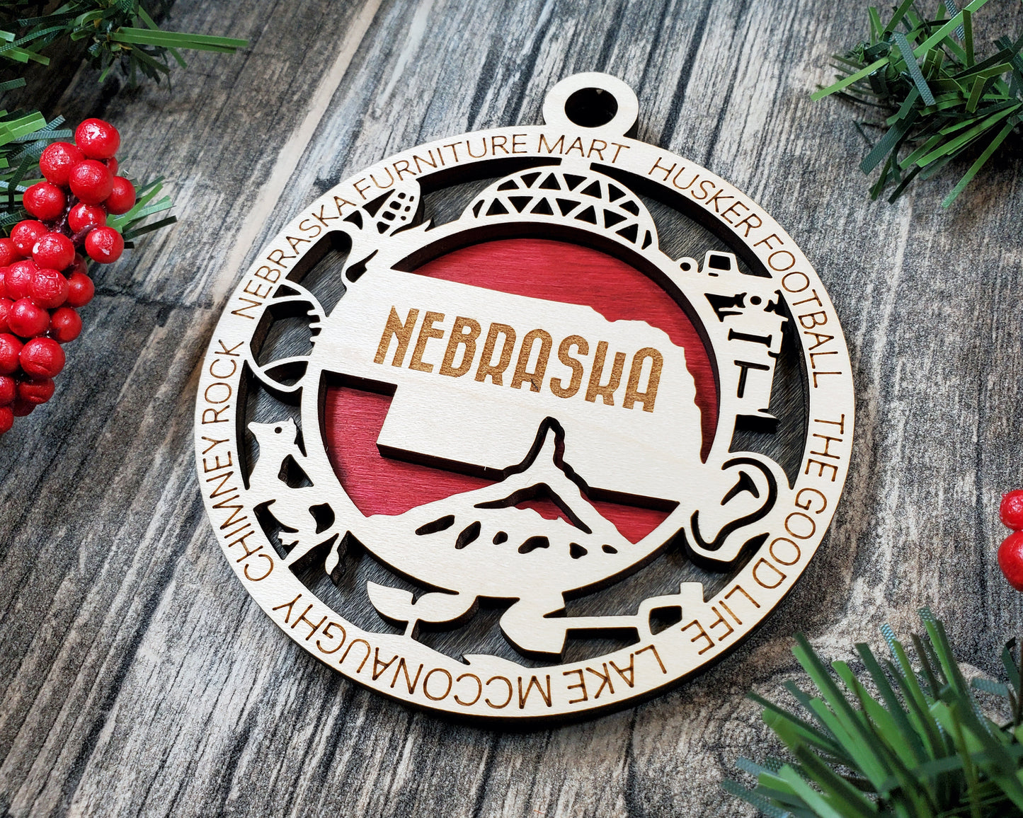 Nebraska Wooden Ornament – The Good Life State with Husker Charm