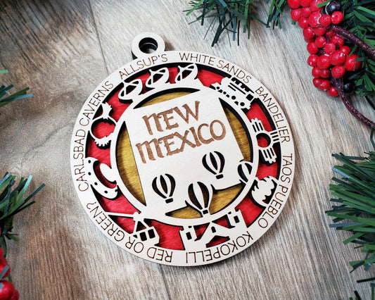 New Mexico Wooden Ornament – Southwest Decor with Balloons & Red Chile