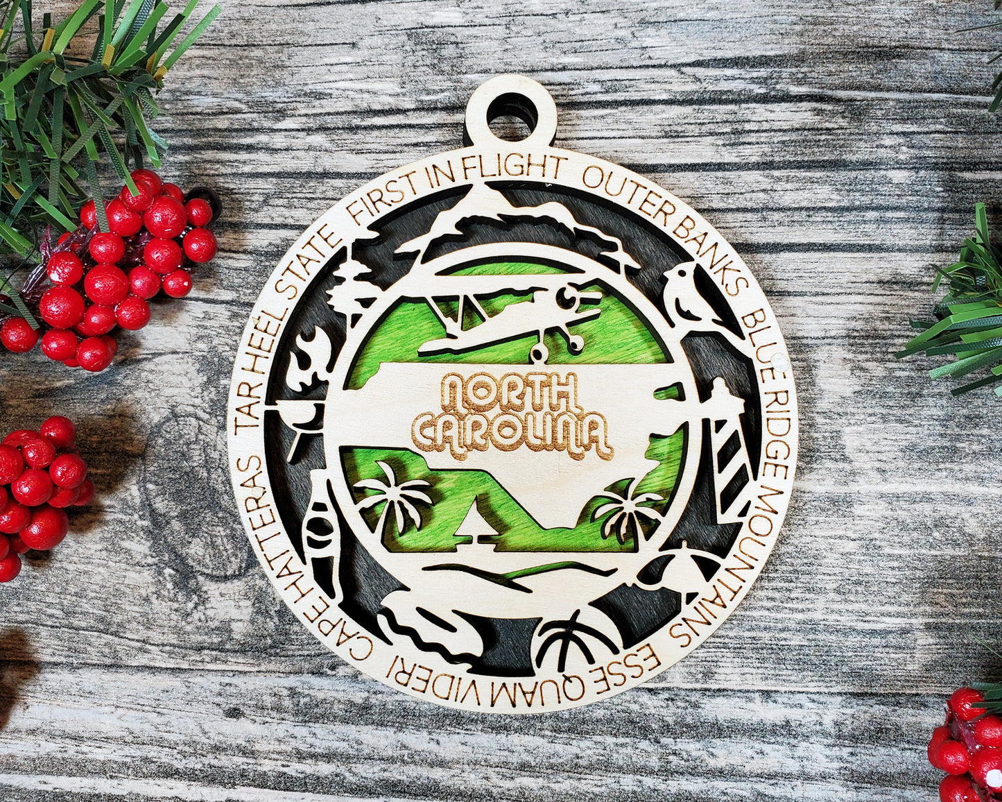 North Carolina Wooden Ornament – Outer Banks & Blue Ridge State Decor