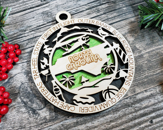 North Carolina Wooden Ornament – Outer Banks & Blue Ridge State Decor