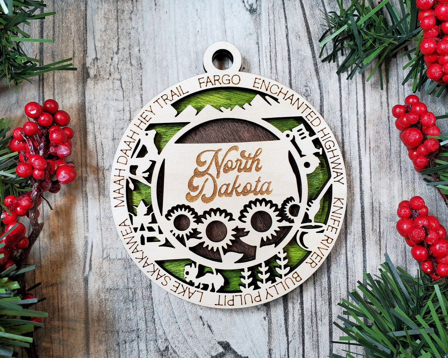 North Dakota Wooden Ornament – Prairie State Decor with Bison & Sunflowers