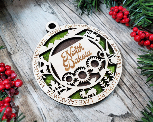 North Dakota Wooden Ornament – Prairie State Decor with Bison & Sunflowers