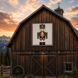 Nutcracker Christmas barn quilt pattern featuring a geometric holiday nutcracker in forest green, burgundy, blush pink, gold, cream and black. Printable DIY barn quilt design for painted wood signs, farmhouse Christmas decor, holiday wall art, porch decorations and handmade seasonal projects.
