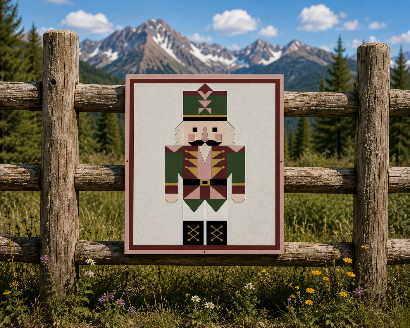 Nutcracker Christmas barn quilt pattern featuring a geometric holiday nutcracker in forest green, burgundy, blush pink, gold, cream and black. Printable DIY barn quilt design for painted wood signs, farmhouse Christmas decor, holiday wall art, porch decorations and handmade seasonal projects.
