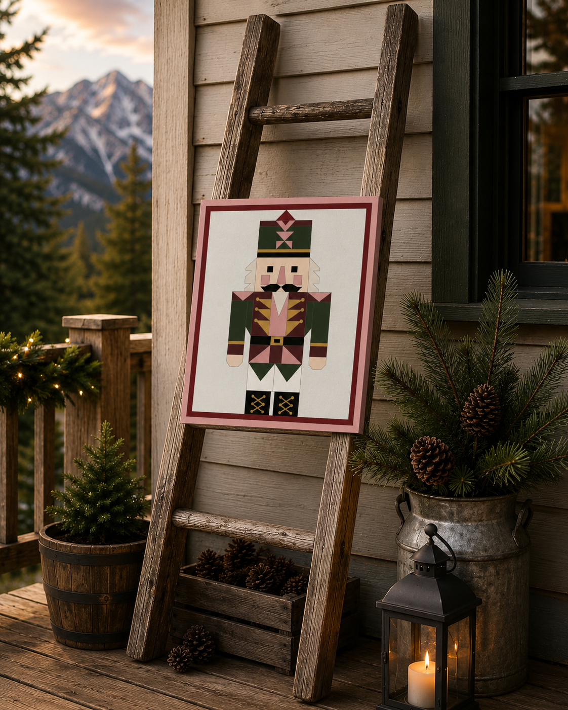 A framed nutcracker needlepoint canvas displayed on a rustic wooden ladder on a porch. The scene is decorated with potted evergreens in a galvanized bucket, pinecones in a wooden crate, a lit lantern, and mountains in the background.