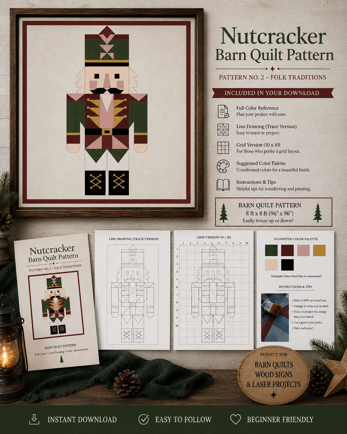 Nutcracker Christmas barn quilt pattern featuring a geometric holiday nutcracker in forest green, burgundy, blush pink, gold, cream and black. Printable DIY barn quilt design for painted wood signs, farmhouse Christmas decor, holiday wall art, porch decorations and handmade seasonal projects.
