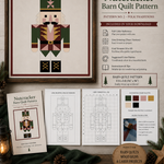 Nutcracker Christmas barn quilt pattern featuring a geometric holiday nutcracker in forest green, burgundy, blush pink, gold, cream and black. Printable DIY barn quilt design for painted wood signs, farmhouse Christmas decor, holiday wall art, porch decorations and handmade seasonal projects.
